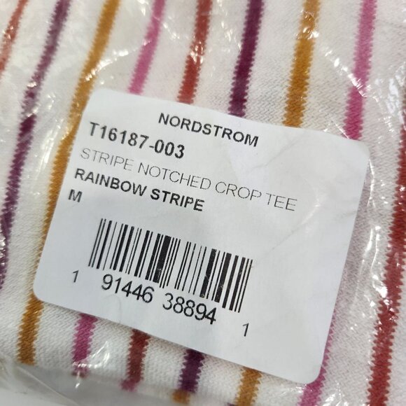 Lush NWT Multicolor Stripe Crop Tee Womens M White Pink Knit Notched Collar - Picture 5 of 9